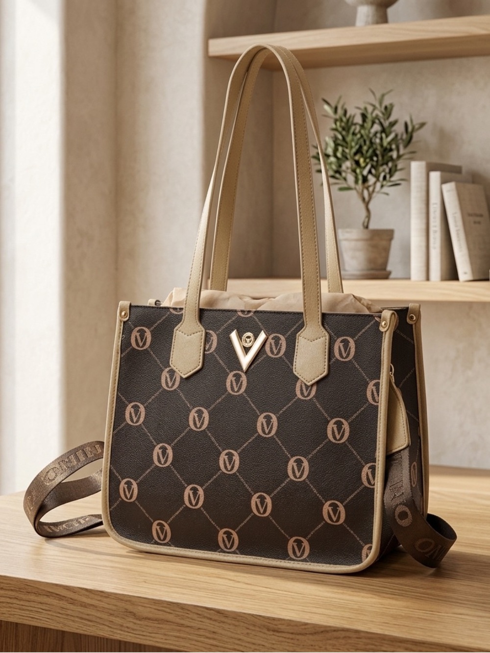 Valentino Orlandi Vegan Leather Brown Monogram Tote with Beige Trim NWT